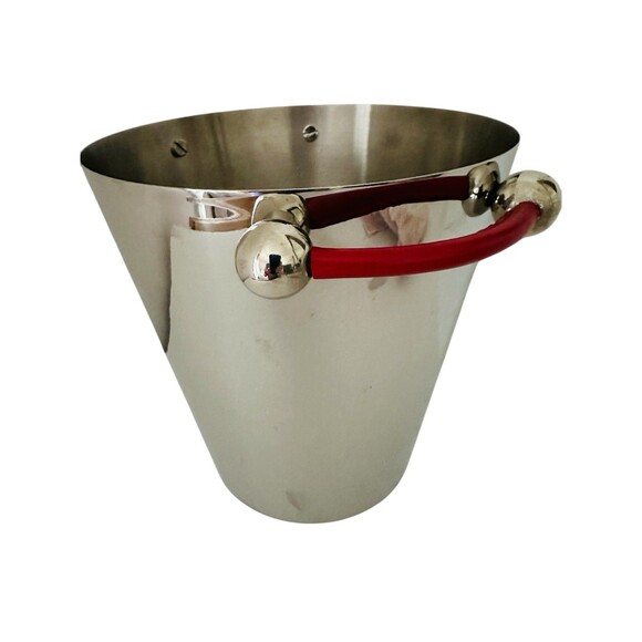 Waterford Marquis Polished Stainless Champagne Ice Bucket 8" Red Leather Handles - Picture 2 of 14